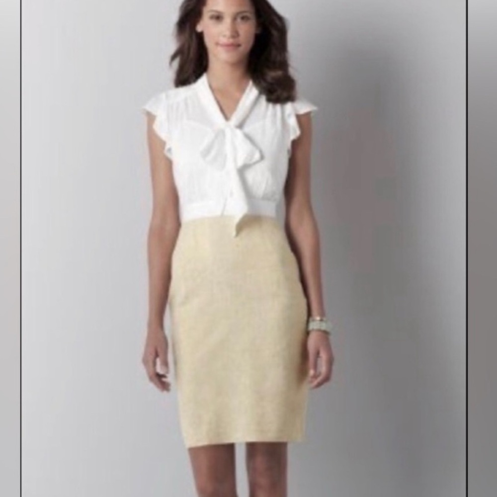 Ann Taylor LOFT white and gold Linen tie dress 8